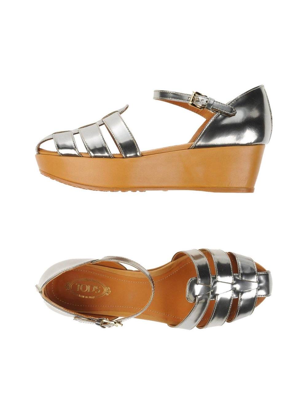 NIB Tod's Metallic Silver Leather Wedge Sandals with Tan Platform